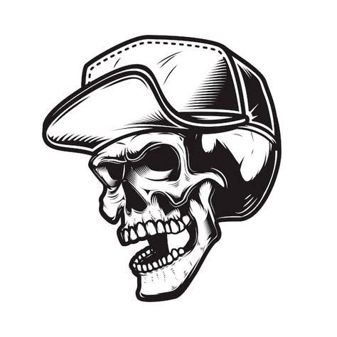 Premium Vector Illustration Of Skull In Baseball Cap In Monochrome