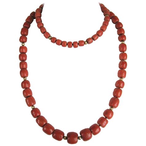 Natural Mediterranean Gia Red Coral Gold Karat Beaded Necklace For