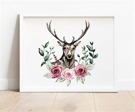 Hirsch Aquarell Clipart Hirsch Kopf Antrels Und Rosa Blumen Etsy