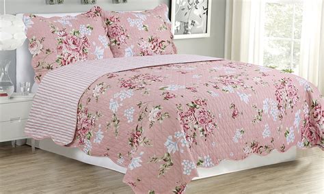 Melissa 3 Piece Quilt Bedspread Set Queen And King Size Warm Pink