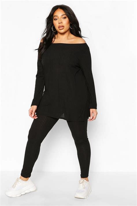 Plus Rib Off The Shoulder Loungewear Set Boohoo Uk