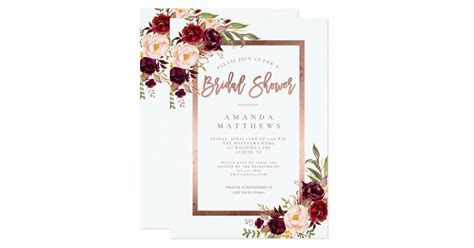 Burgundy Floral Rose Gold Script Bridal Shower Invitation