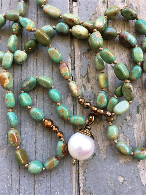 Large Pearl And Turquoise Nuggets Rustic And Glam Hand Knotted By