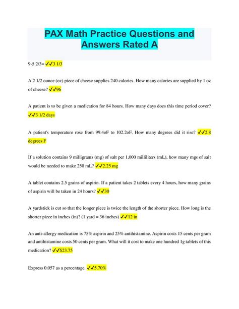 Pax Math Practice Questions And Answers Rated A In Math