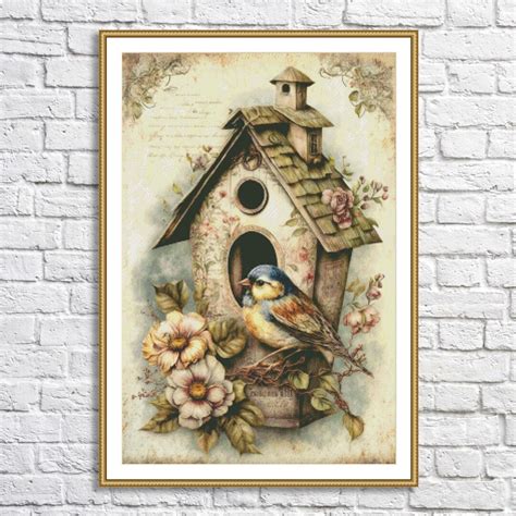 Vintage Bird House Cross Stitch Pattern Birds On A Branch Spring Bird