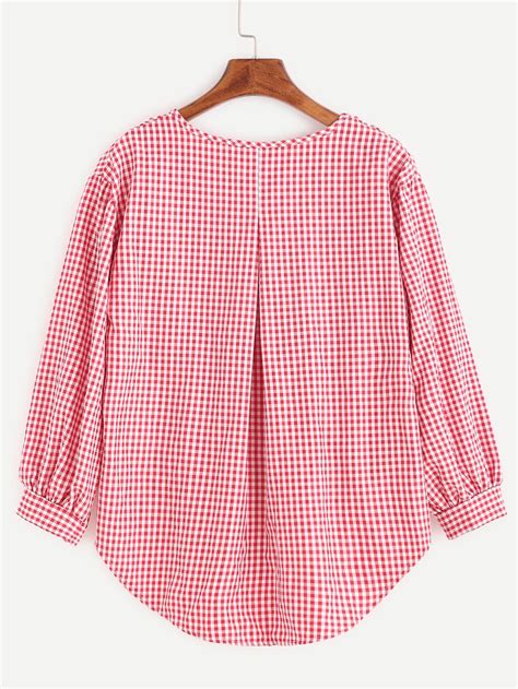 Gingham Plaid Bow Tie High Low Blouse Shein Sheinside