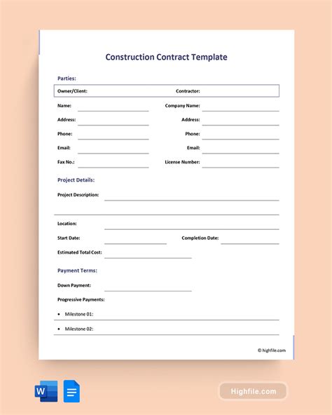 Construction Contract Template - Word | Google Docs - Highfile