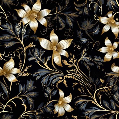 Un diseño floral con flores doradas y doradas sobre un fondo negro