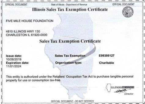 Illinois Tax Exempt Certificate — Five Mile House