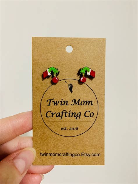 Wood Stud Earrings Grinch Hand Christmas Wood Burned Earrings Studs