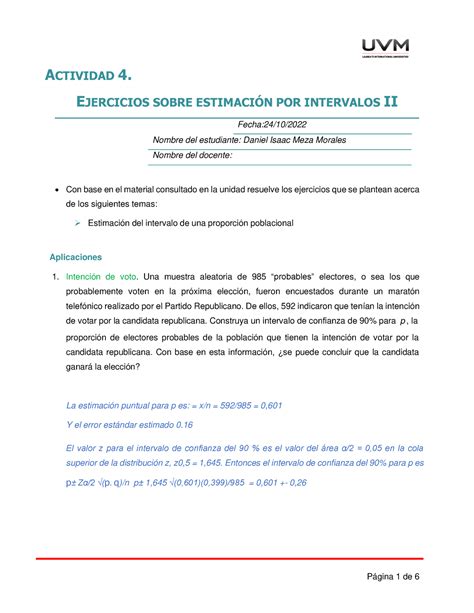 Actividad Estadistica Actividad Ejercicios Sobre Estimacin Por