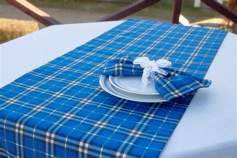 Blue Plaid Table Runner Handmade Dining Supplies Rustic Country Style