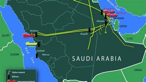 Map of Saudi Arabia's oil facilities and shipping routes. (Current as ...