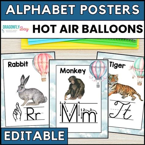 Hot Air Balloon Alphabet Posters A Z Classroom Decor Editable Fonts