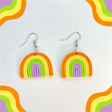 Rainbow Handmade Polymer Clay Earrings Rainbows Flowers Etsy