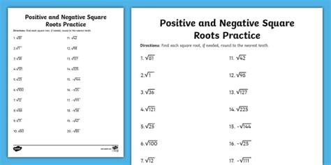 Eighth Grade Positive And Negative Square Roots Practice