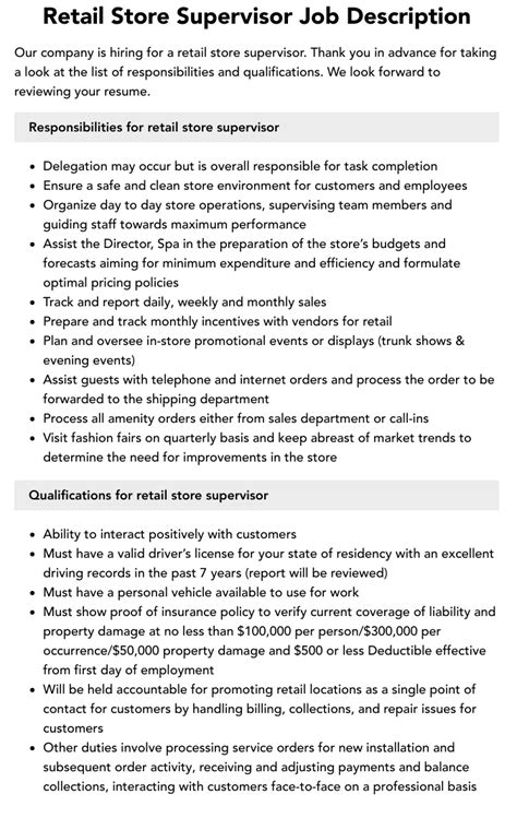 Retail Store Supervisor Job Description Velvet Jobs