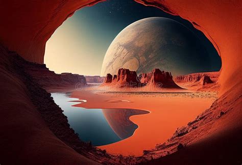 Beautiful Fantastic Landscape Of Mars Planet AI Generated Stock