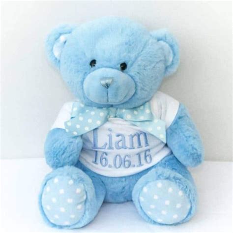 Baby Boys Blue Teddy Bear Personalised With Embroidery