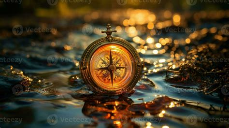 Vintage Compass On A Wet Surface Reflecting Its Surroundings