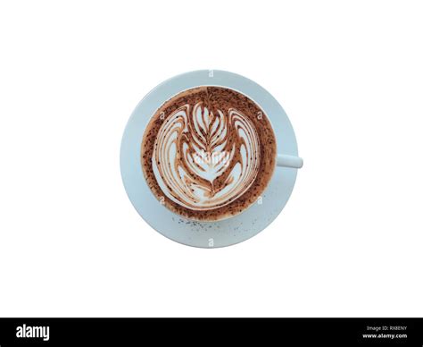 Top view above. Flat lay of hot coffee. Latte art isolated on white ...