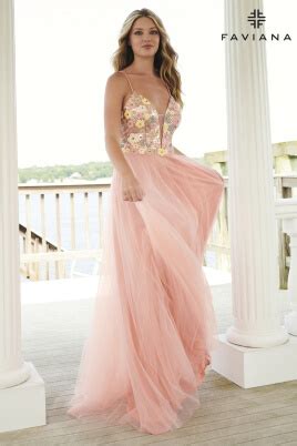 Floral Sequin A Line Prom Dress With Tulle Skirt Faviana