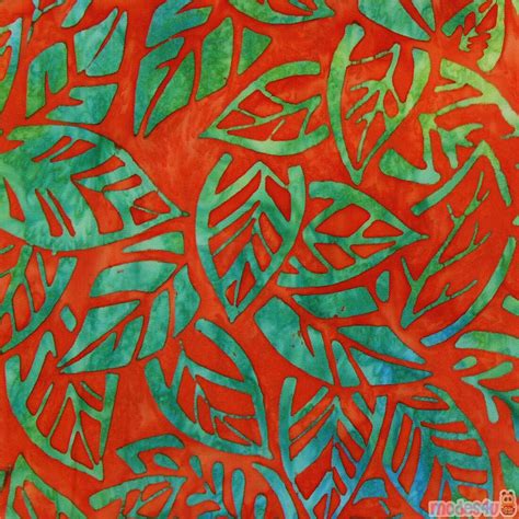 Orange Batik Fabric With Packed Green Leaves By Robert Kaufman Fabric