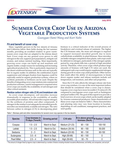 Summer Cover Crop Use In Arizona Vegetable Production Systems