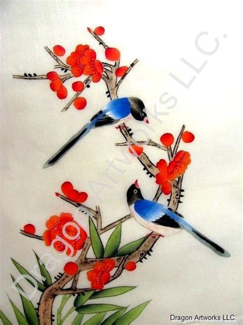 Chinese Silk Peach Flower Blossoms and Birds Painting