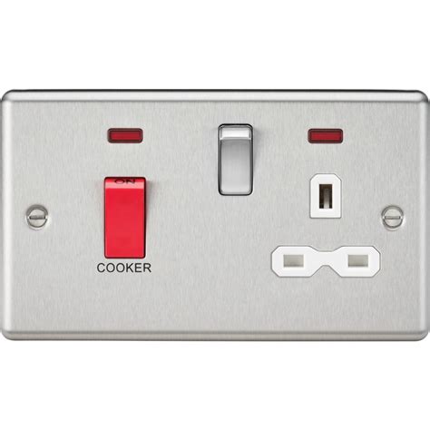 45a Double Pole Cooker Switch And 13a Switched Socket With Neons 2 Gang Brushed Chrome