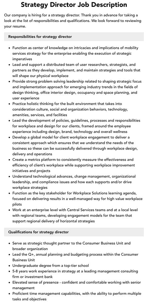 Strategy Director Job Description Velvet Jobs