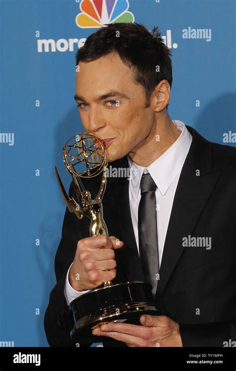 Jim Parsons Holds His Emmy Award For Outstanding Lead Actor In A Comedy