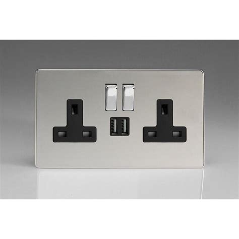 Varilight Screwless 2 Gang 13a Single Pole Switched Socket With Metal Rockers 2x5v Dc 2100ma