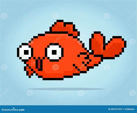 8 Bit Pixel Golden Fish Animal For Game Assets In Vector Stock Vector