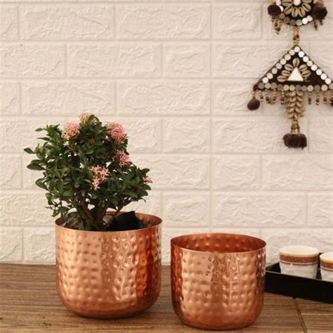 Rose Gold Round Metal Planters With Hammered Texture For Decoration At