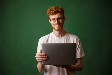 Free Photo Cheerful Readhead Bearded Man In Glasses And White Tshirt