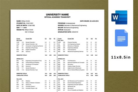 University And College Transcript Template MS Word Docs