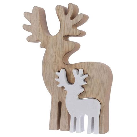 Décoration De Noël Rennes En Bois Encastrés Naturel Et Blanc 18cm