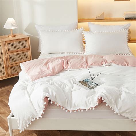 Bedding Two Sided White And Pink Pom Pom Boho Chic Bedding Washed Microfiber Bedding Sets Soft