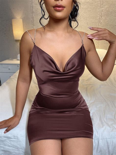 Chocolate Brown Glamorous Sleeveless Polyester Plain Cami Embellished