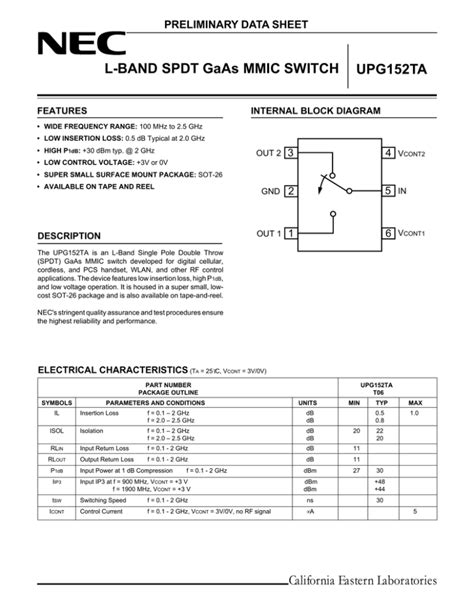 Nec Upg Ta L Band Spdt Gaas Mmic Switch