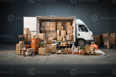 Packaging boxes shipping trucks. Supply chain shipment parcel