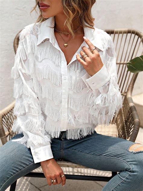 Shein Privé Fringe Trim Button Front Shirt Shein Usa