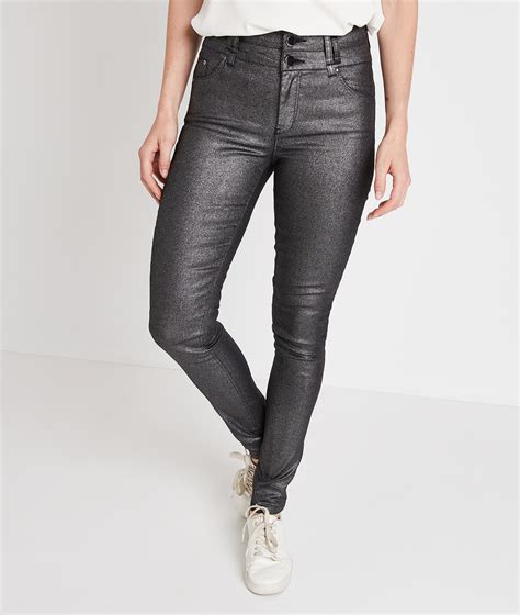 Pantalon Slim Taille Haute Enduit Femme Gris Grain De Malice