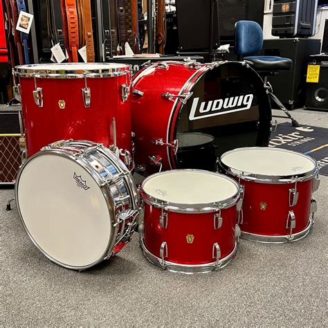 Vintage 1966 Ludwig 5 Pc Drumset Red Sparkle