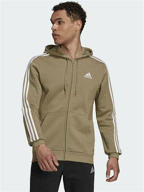 Adidas Essentials 3 Stripes Logo Ανδρική Φούτερ Ζακέτα με Κουκούλα και Τσέπες Orbit Green H12169