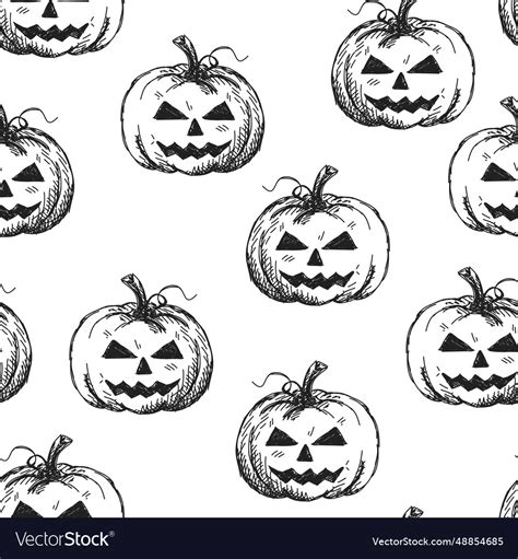 Halloween Pumpkin Seamless Pattern Hand Drawn Vector Image