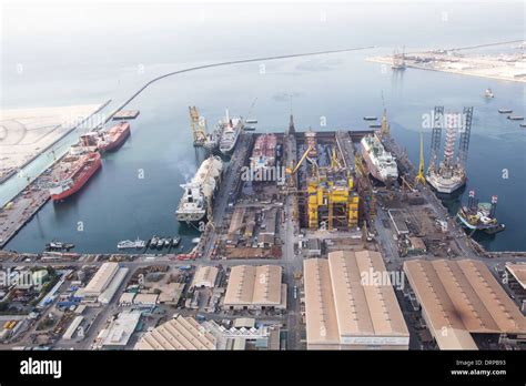 Aerial photo of Dubai in UAE. Port Rashid the commercial port of Dubai ...