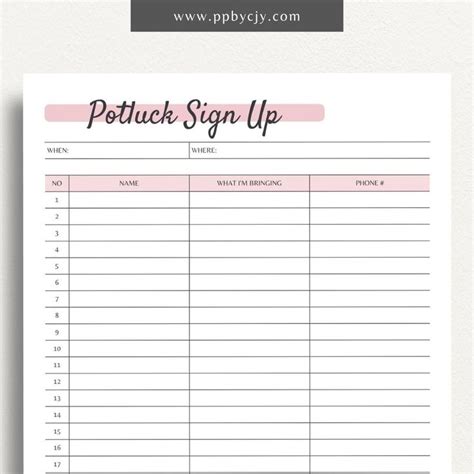 Potluck Volunteer Sign Up Printable Template Organize Your Event