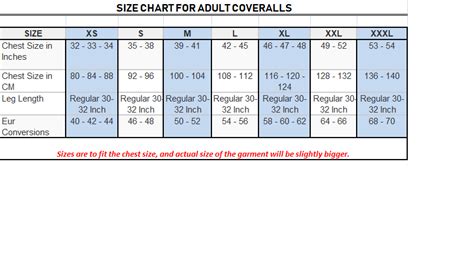 Coverall Size Chart - Greenbushfarm.com